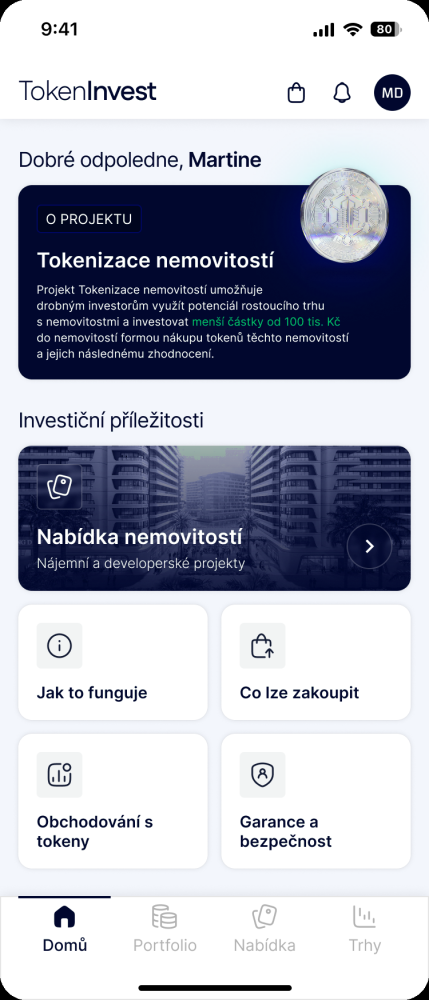 Domovská obrazovka aplikace TokenInvest s přehledem investičních příležitostí