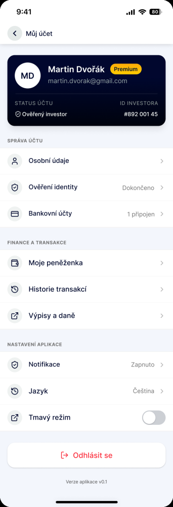 Obrazovka uživatelského účtu s ověřením identity a nastavením