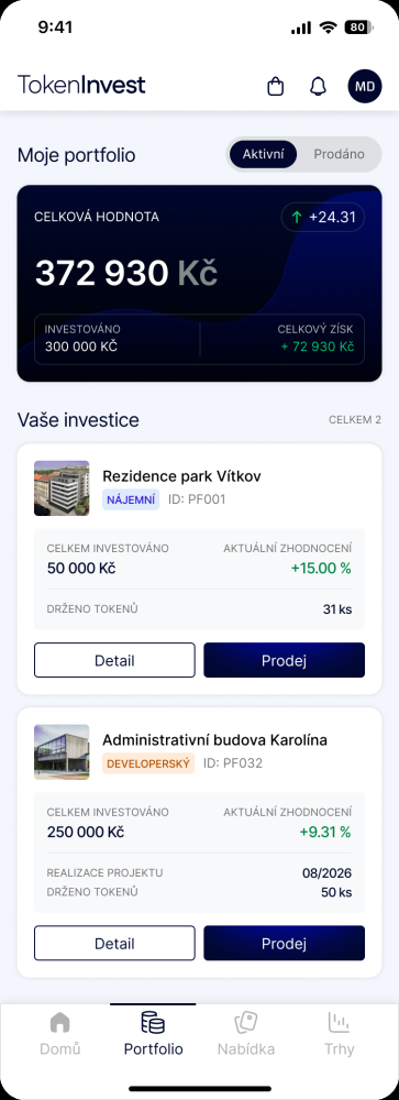 Obrazovka portfolia s celkovou hodnotou a seznamem investic